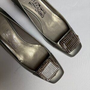 Ferragamo | Size 8 | Metallic Grey (Gunmetal) Megan Block Heeled Pumps